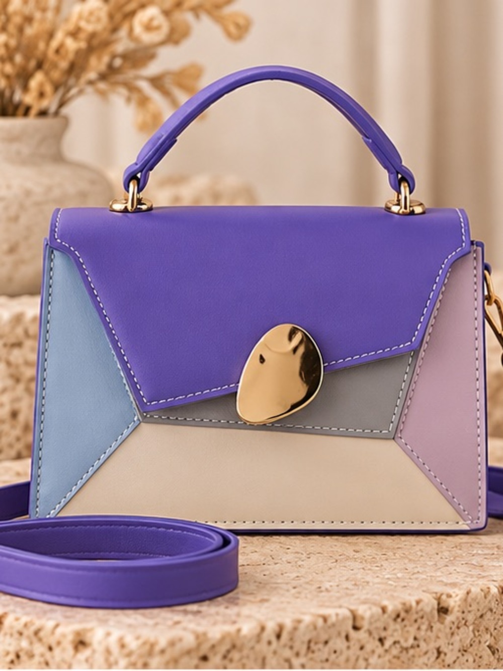 Purple Colorblock Mini Crossbody Handbag Gold Hardware